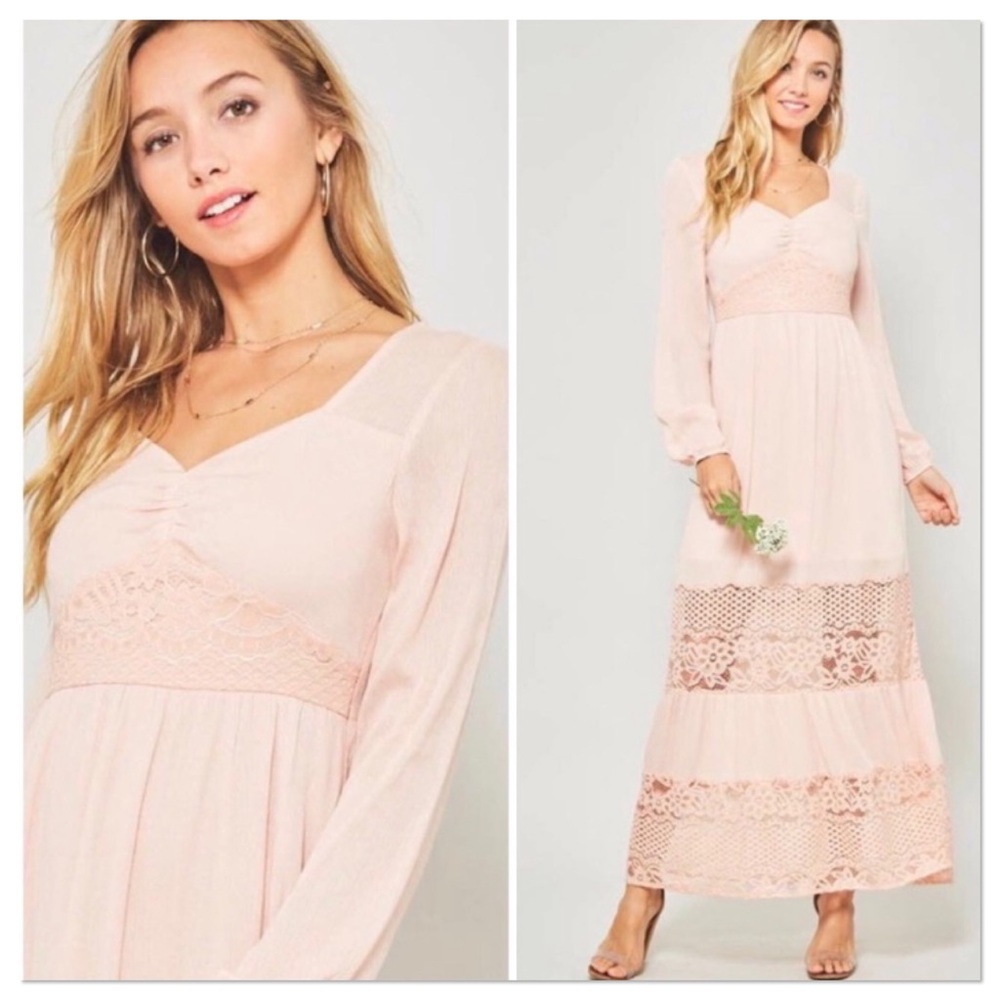 Boho Blush Lace Trim Maxi Dress